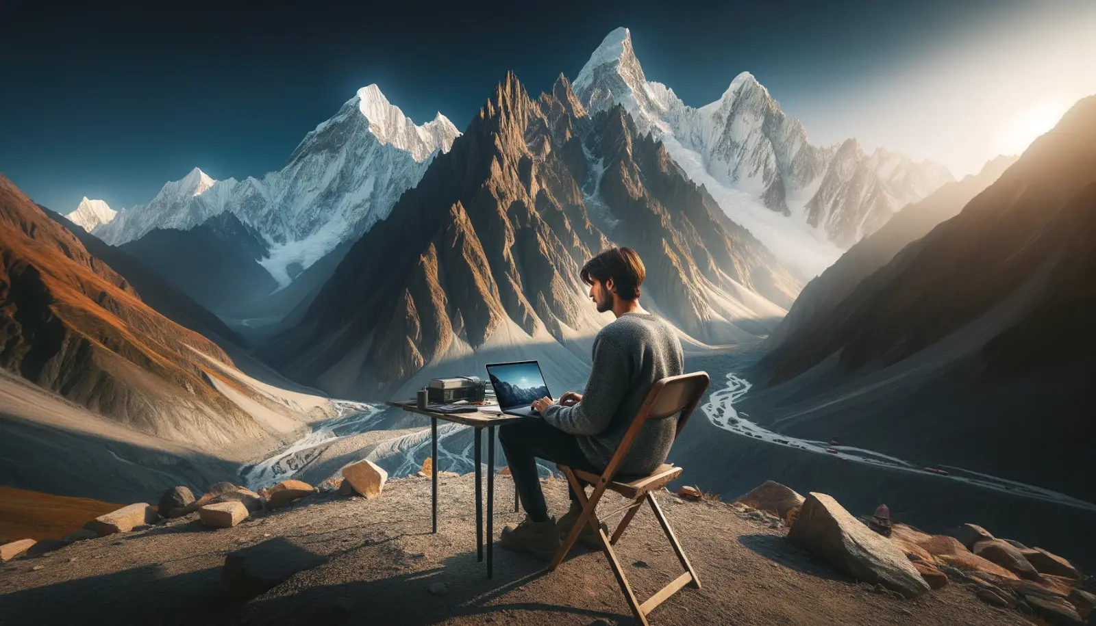 Illustration: working on a laptop in the wide mountain landscape of the Karakoram.